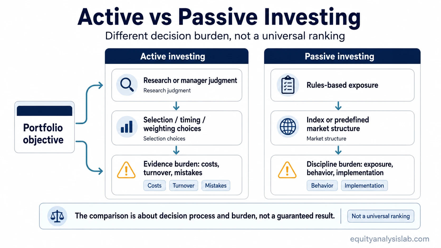 Active vs passive investing decision map showing research judgment and evidence burden versus rules-based exposure and discipline burden.
