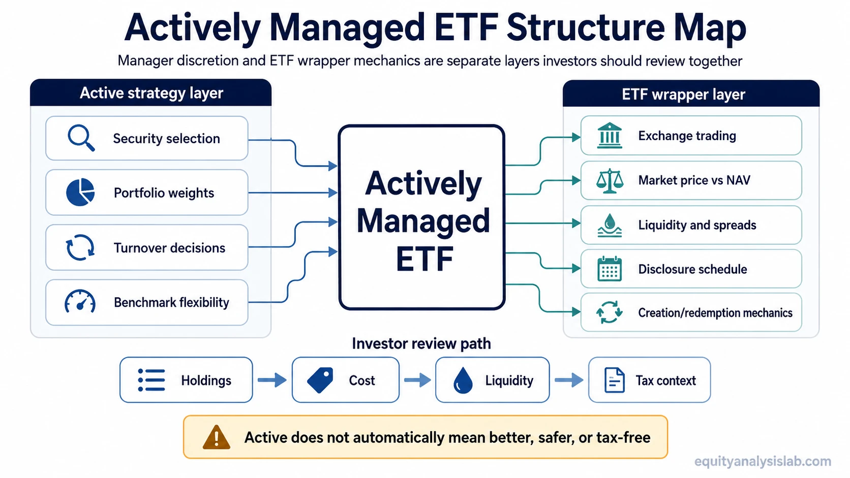 Actively managed ETF structure map showing the active strategy layer, ETF wrapper mechanics, and investor review checks.