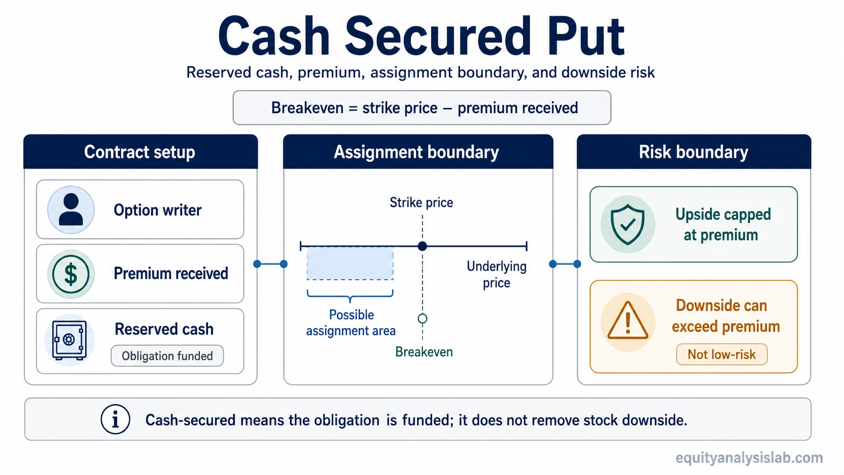 Cash secured put diagram showing reserved cash, premium, strike price, assignment boundary, breakeven, and downside risk.