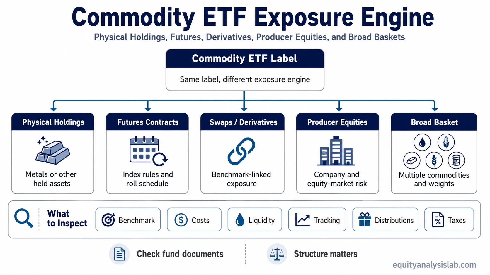 Commodity ETF exposure engine map showing physical holdings, futures contracts, swaps, producer equities, and broad basket routes.