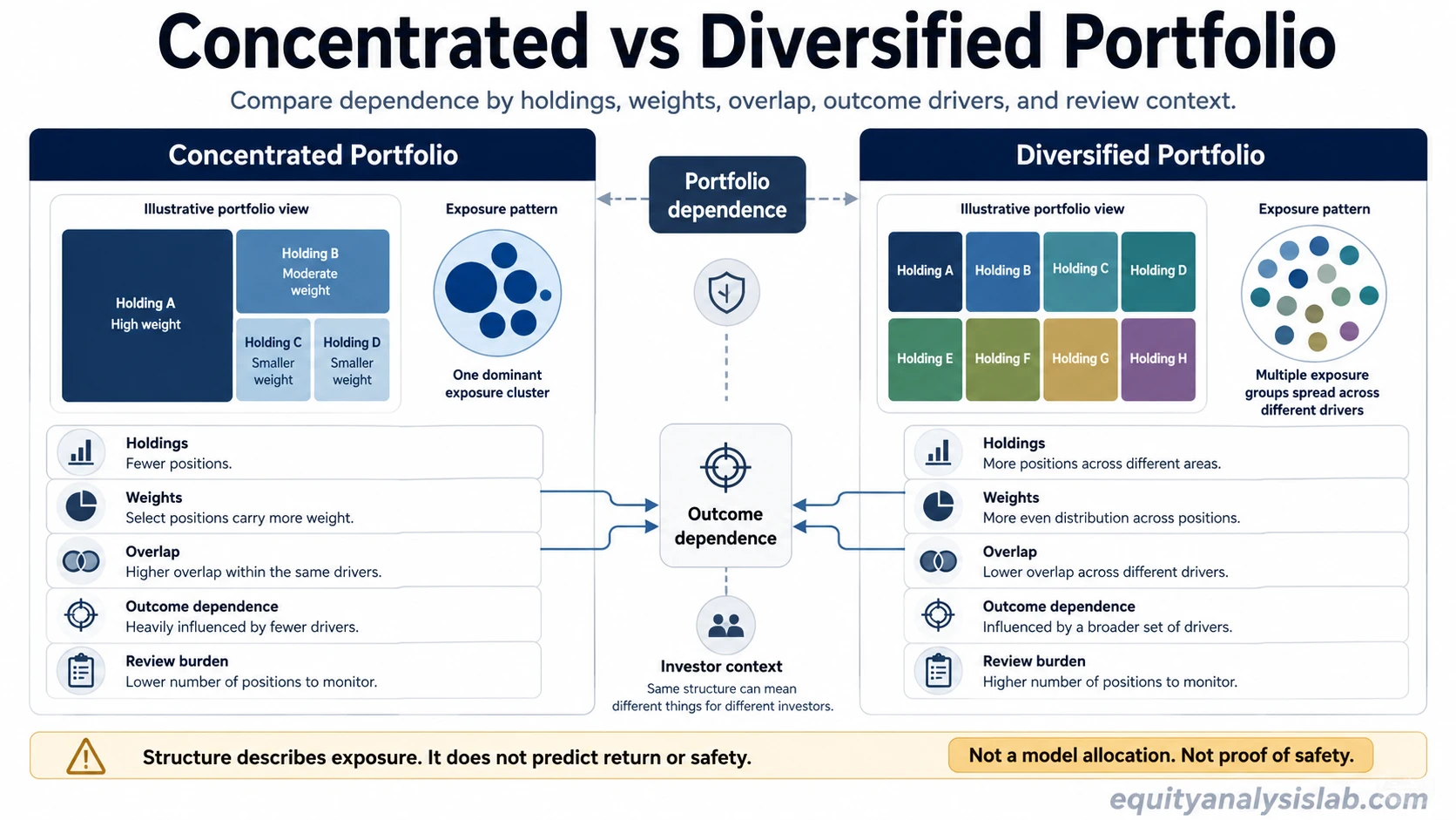 Concentrated vs diversified portfolio comparison showing holdings, weights, overlap, outcome dependence, and investor context.