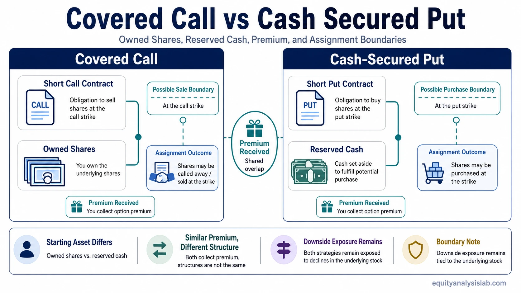 Covered call vs cash-secured put infographic comparing owned shares, reserved cash, premium received, assignment outcomes, and contract boundaries.