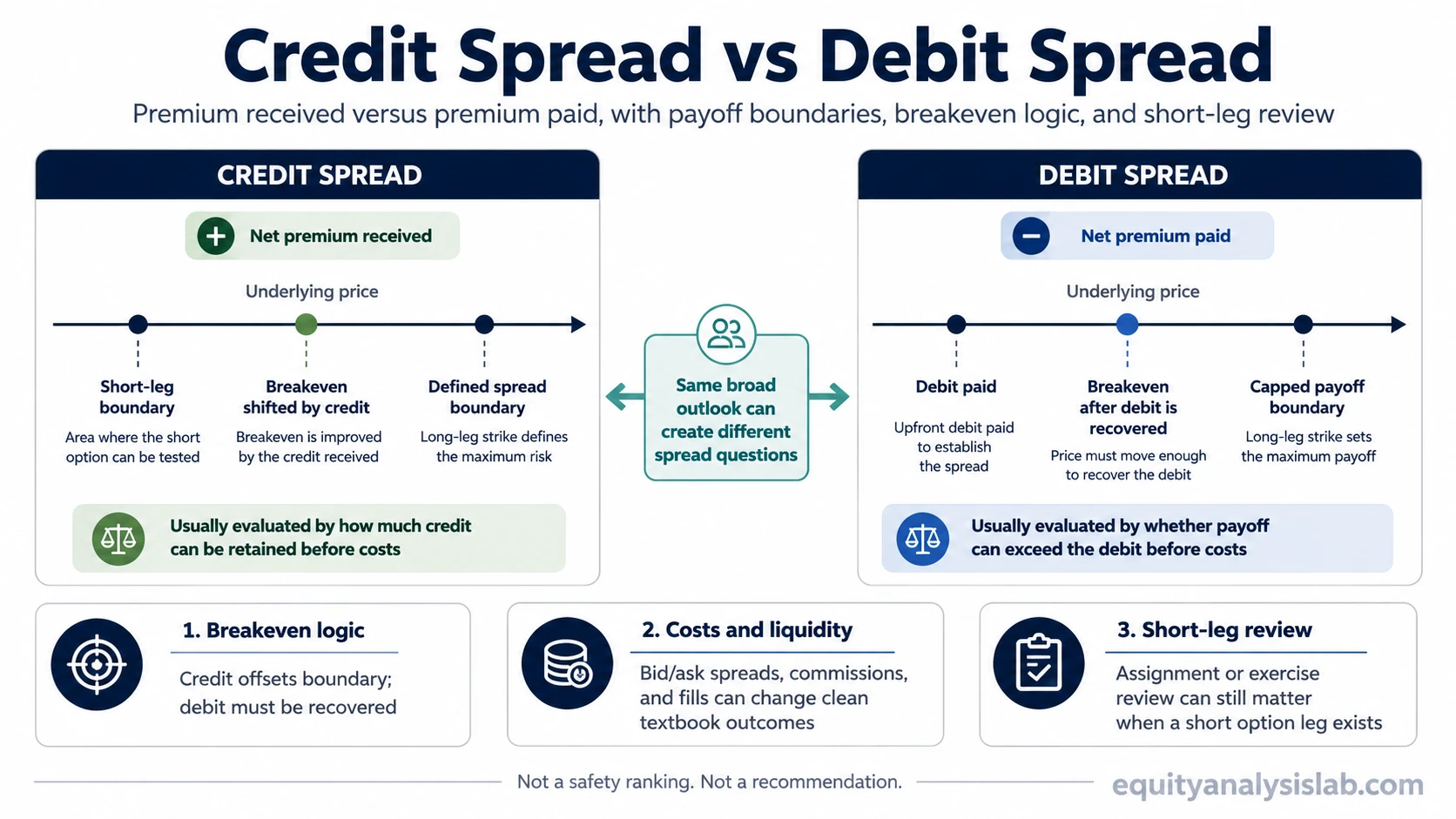 Credit spread vs debit spread comparison showing net premium received, net premium paid, breakeven logic, payoff boundaries, costs, liquidity, and short-leg review.