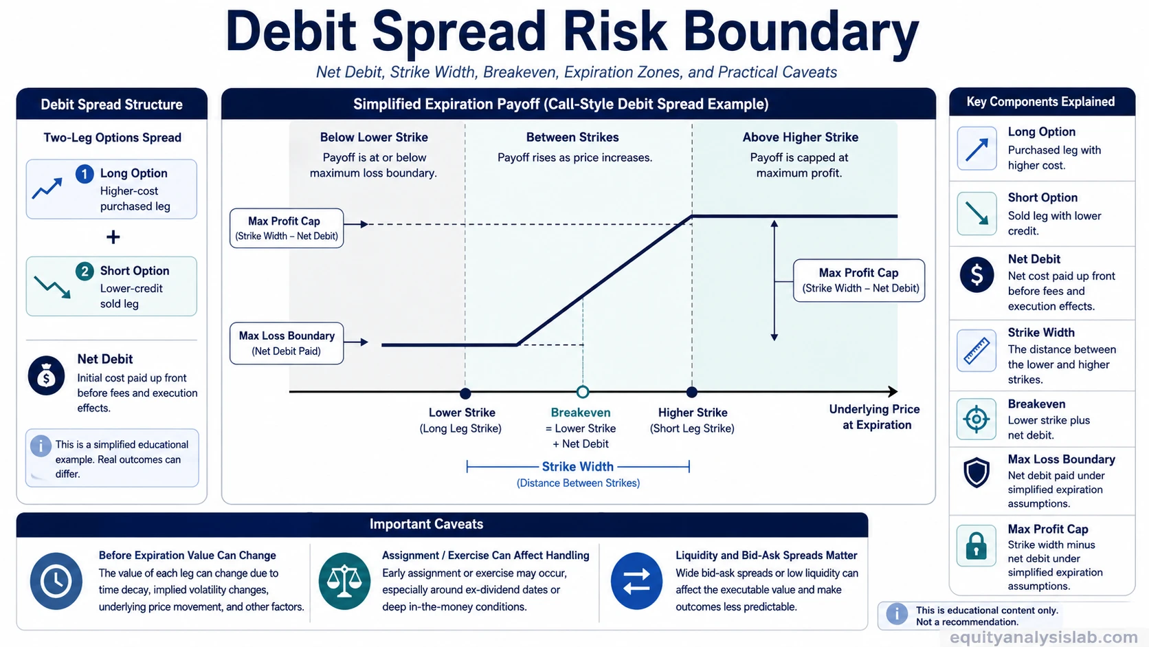 Debit spread risk boundary map showing net debit, strike width, breakeven, capped expiration zones, and practical caveats.