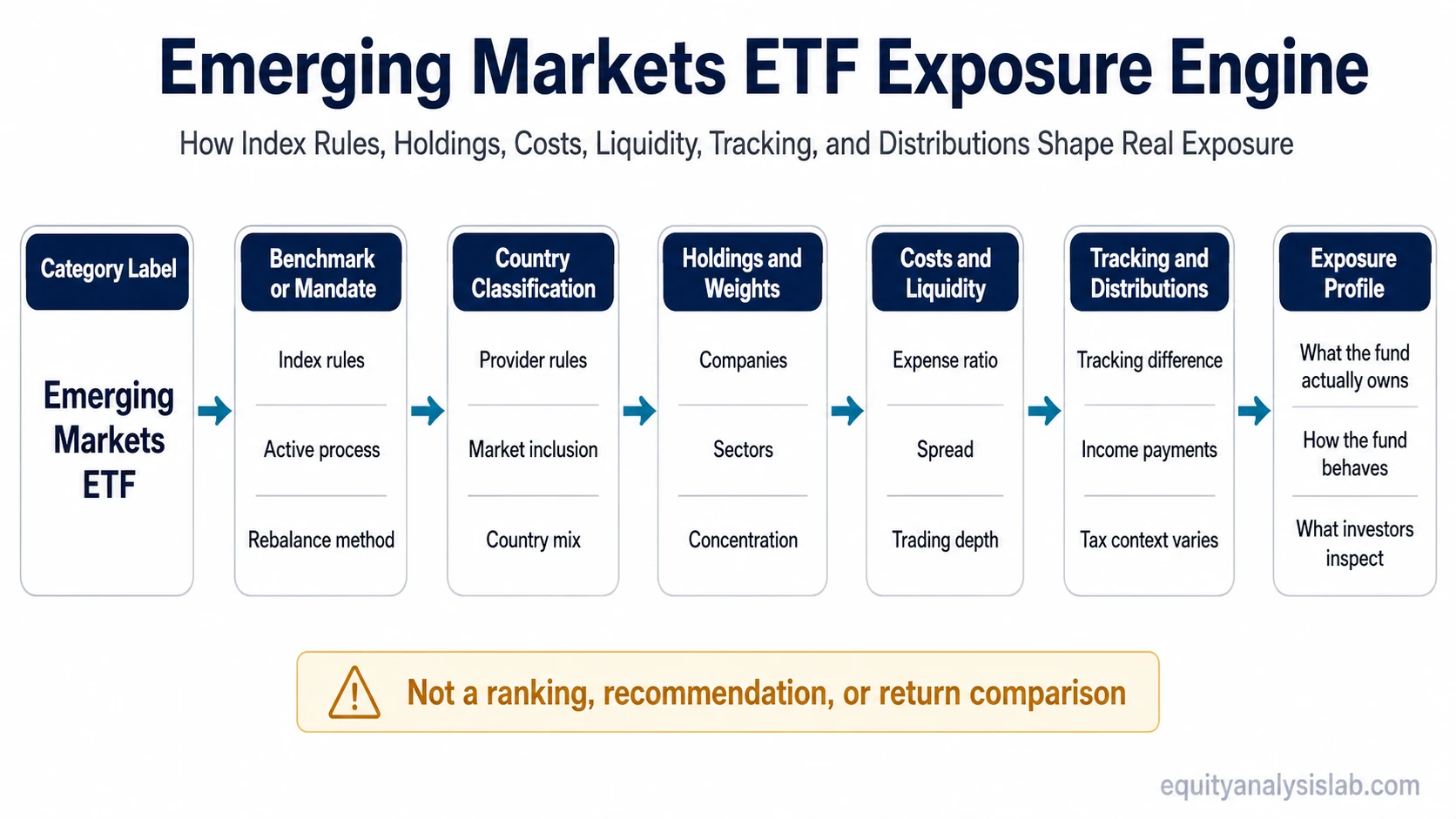 Emerging markets ETF exposure engine map showing how benchmark rules, country classification, holdings, costs, liquidity, tracking, and distributions shape fund exposure.