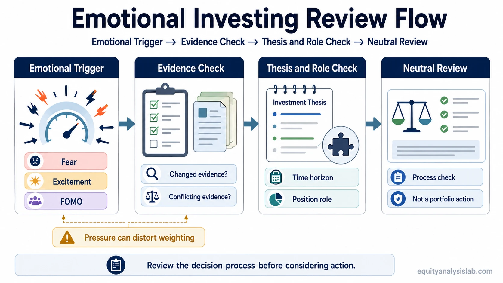 Emotional investing review flow showing emotional trigger, evidence check, thesis and role check, and neutral review.