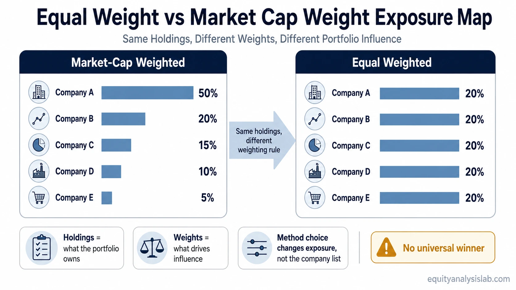 Side-by-side exposure map comparing market-cap weighted and equal weighted versions of the same five-stock portfolio.