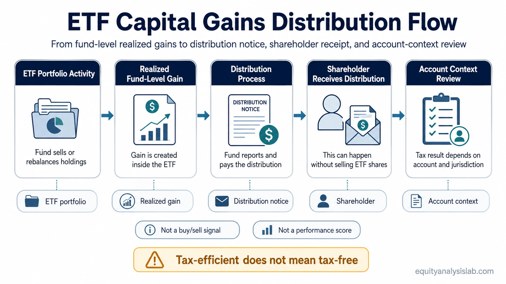 Route-map showing how ETF capital gains distributions move from fund-level realized gains to distribution notice, shareholder receipt, and account-context review.