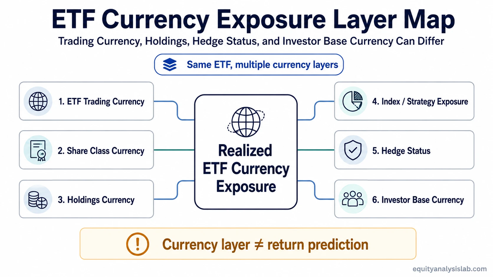 ETF currency exposure layer map showing trading currency, share class currency, holdings currency, index exposure, hedge status, and investor base currency