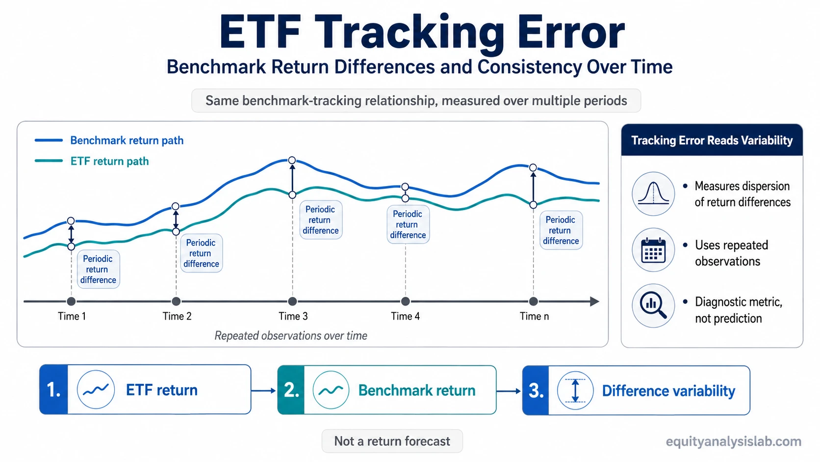 ETF tracking error diagram showing ETF and benchmark return paths with periodic return differences and variability over time.