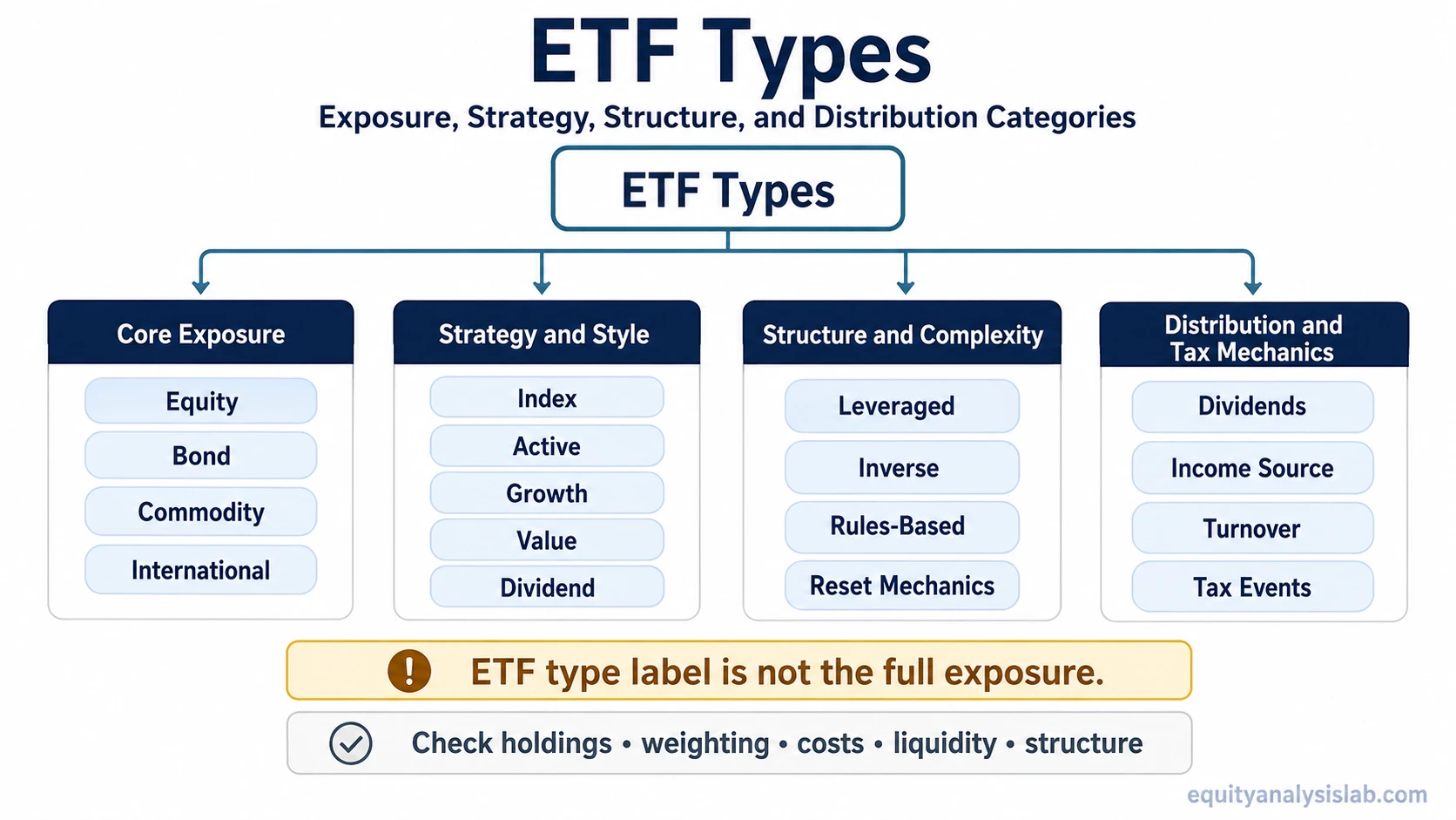 ETF types category map showing core exposure, strategy and style, structure and complexity, and distribution and tax mechanics.