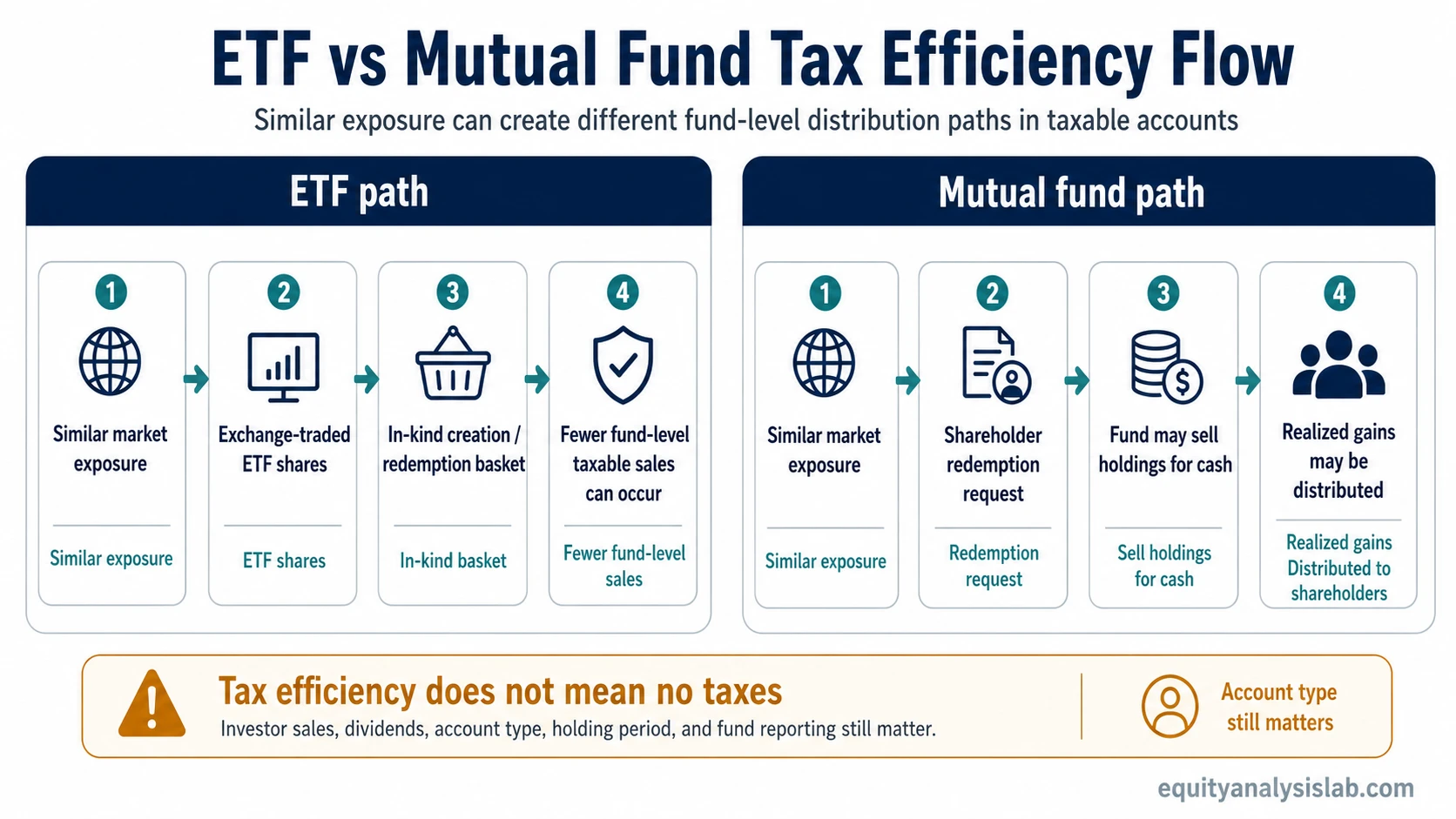 Infographic comparing ETF and mutual fund tax-efficiency paths, showing how in-kind ETF redemptions and mutual fund cash redemptions can create different fund-level distribution outcomes.