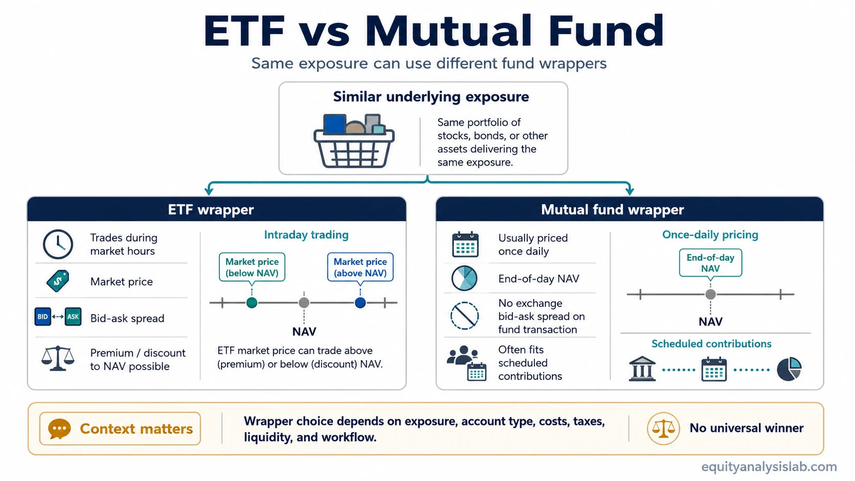 ETF vs mutual fund comparison showing intraday ETF market pricing, once-daily mutual fund NAV pricing, spreads, premiums or discounts, and workflow differences.