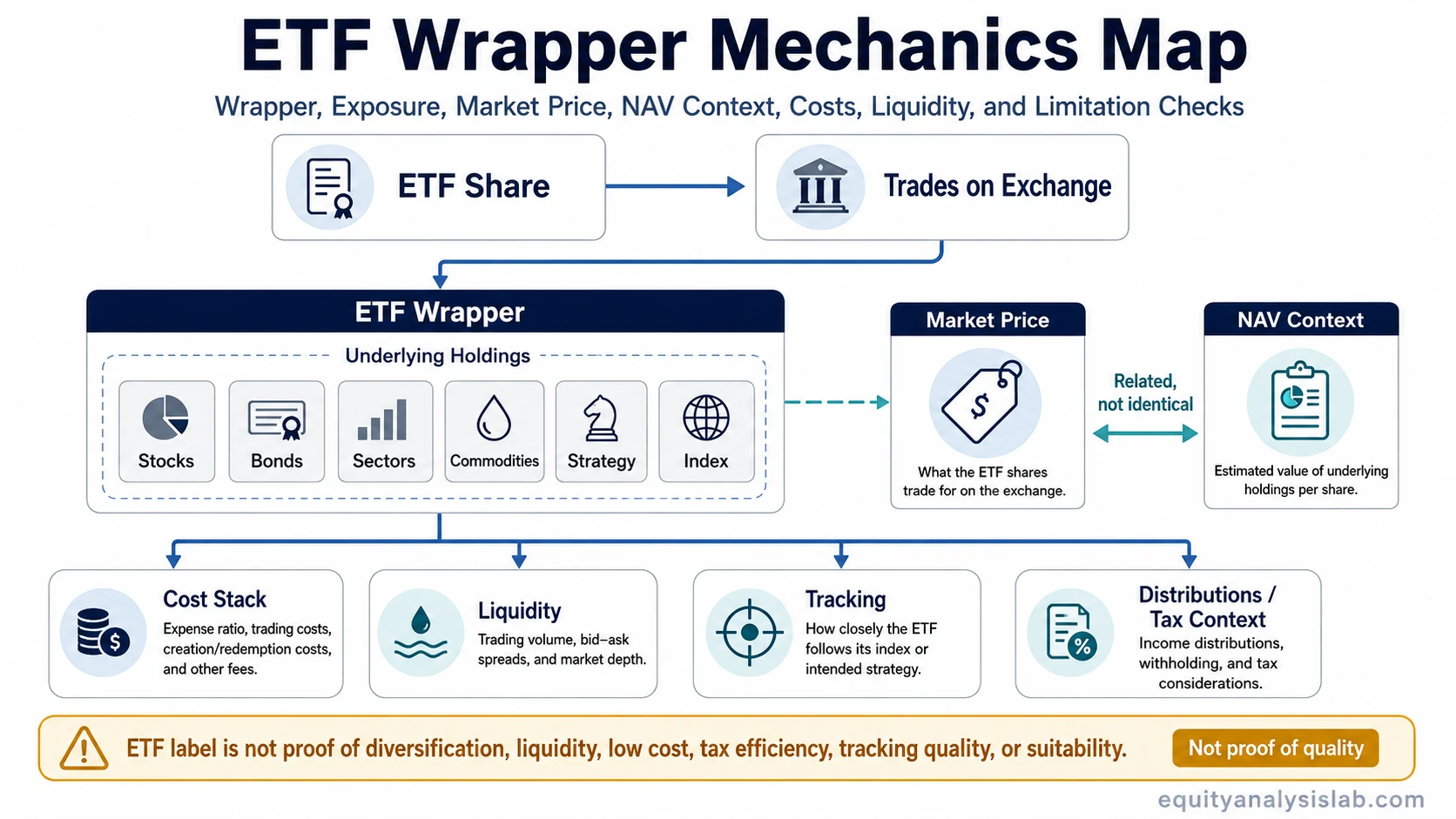 ETF wrapper mechanics map showing exchange-traded shares, underlying holdings, market price, NAV context, costs, liquidity, tracking and limitation checks.