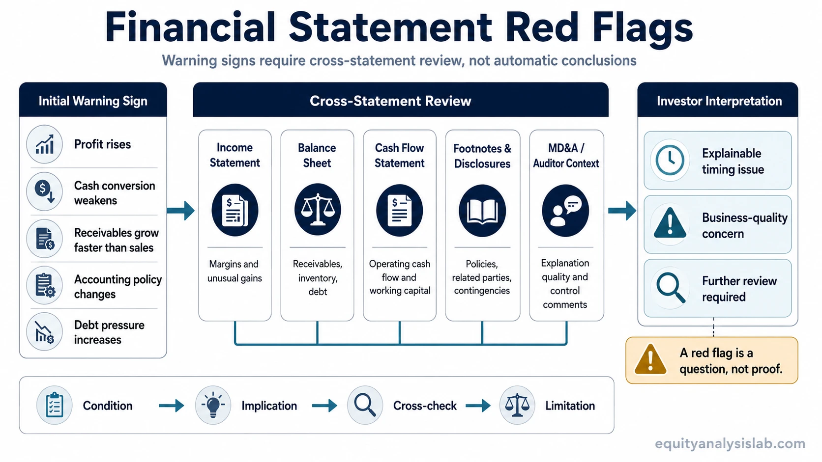 Financial statement red flags diagnostic flow across income statement, balance sheet, cash flow statement, disclosures, and investor cross-checks.