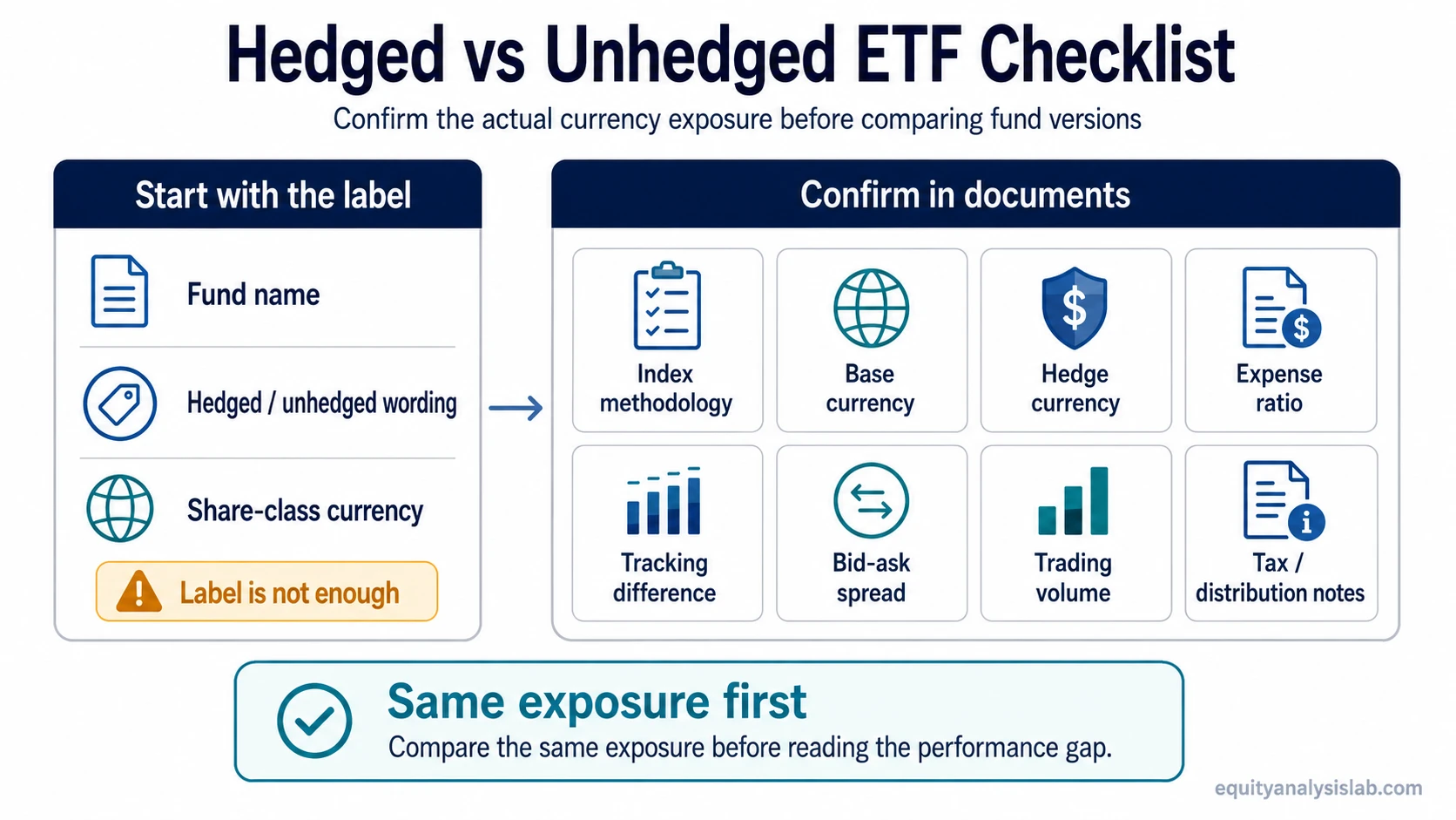 Checklist for comparing hedged and unhedged ETFs by fund label, index methodology, base currency, hedge currency, costs, tracking, liquidity, and tax notes.