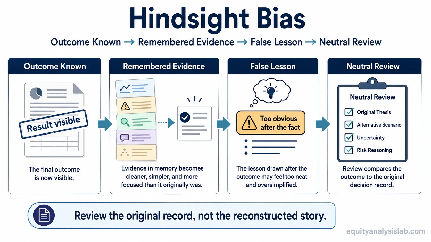 Hindsight bias infographic showing outcome known, remembered evidence, false lesson, and neutral review checklist.