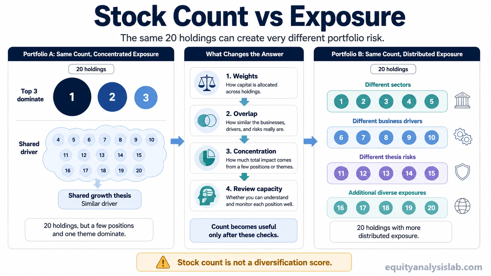 Infographic comparing two 20-stock portfolios with different weights, overlap, concentration, and exposure drivers.