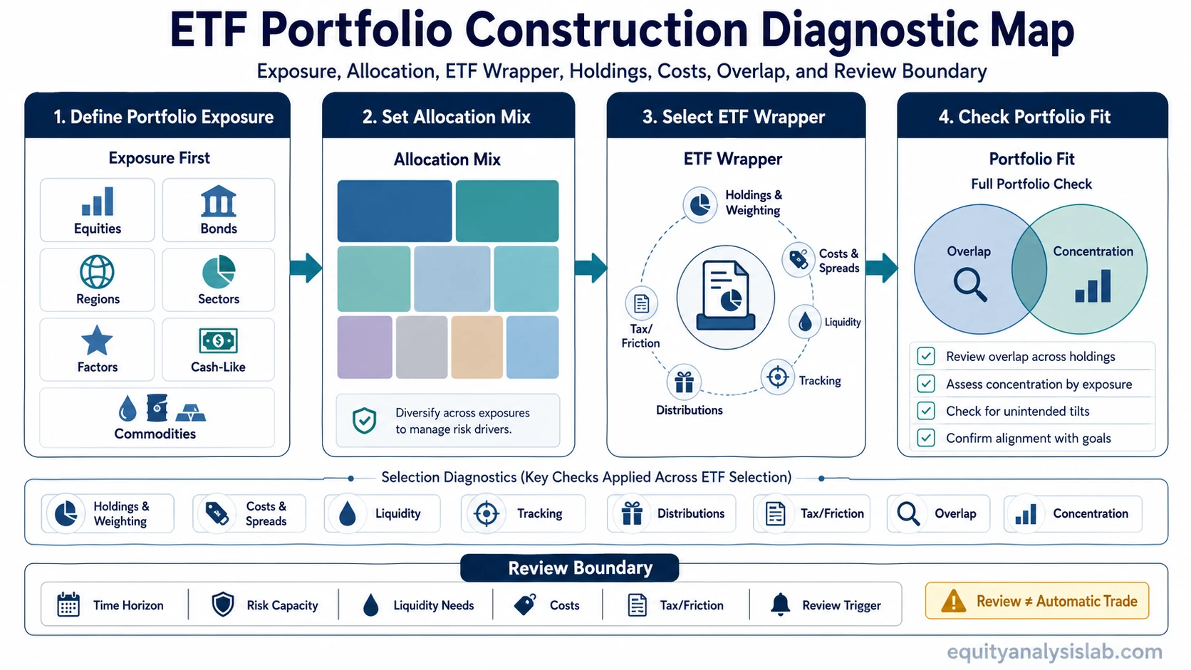 ETF portfolio construction diagnostic map showing exposure, allocation, ETF wrapper, holdings, costs, overlap, concentration, and review boundary.
