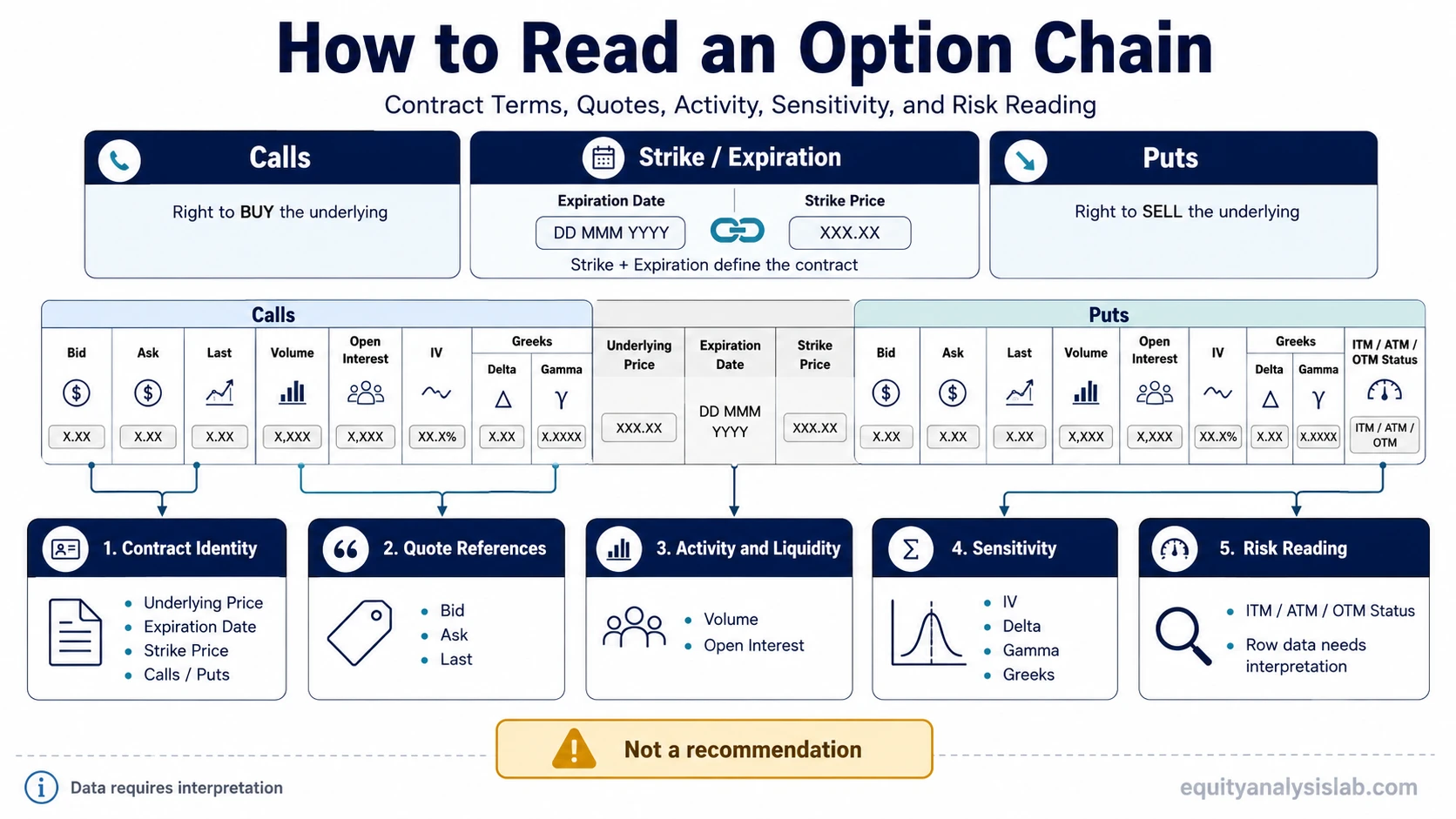 How to read an option chain by separating contract terms, quotes, activity, sensitivity, and risk interpretation