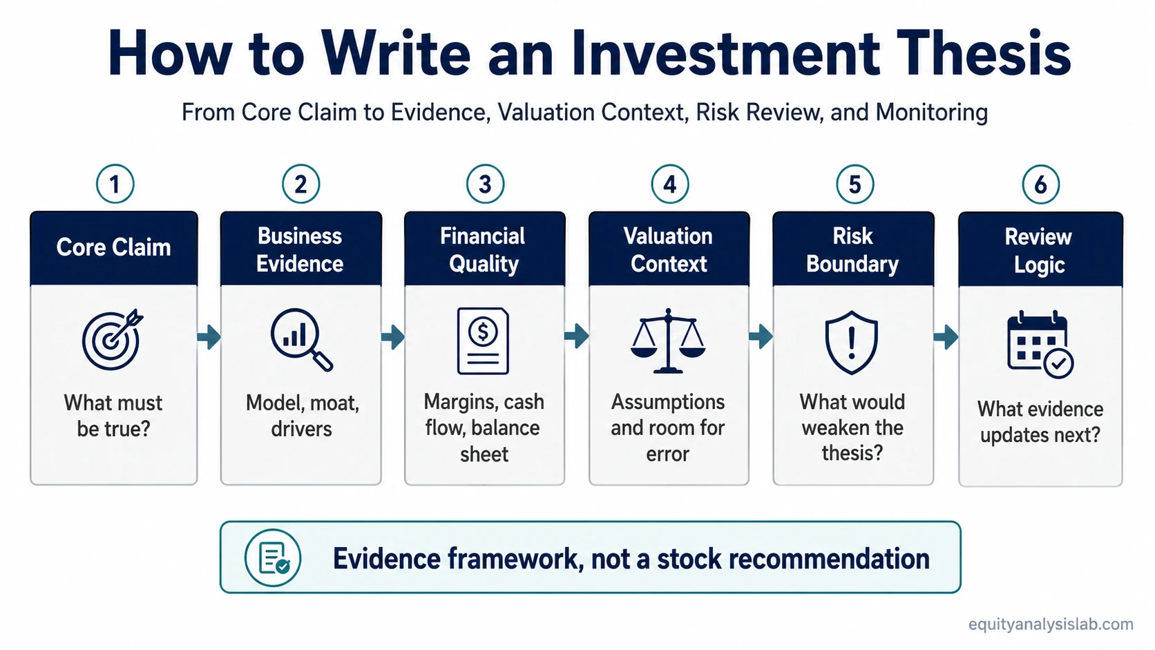 Framework route map showing how to write an investment thesis from core claim through evidence, valuation context, risk boundary, and review logic.