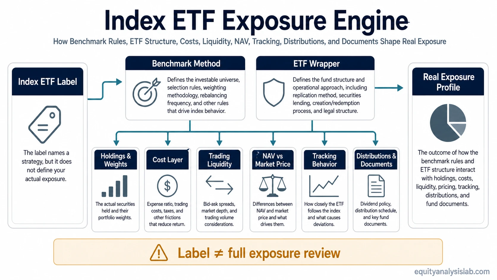 Index ETF exposure engine showing how benchmark rules, ETF structure, costs, liquidity, NAV, tracking, distributions, and documents shape real exposure.