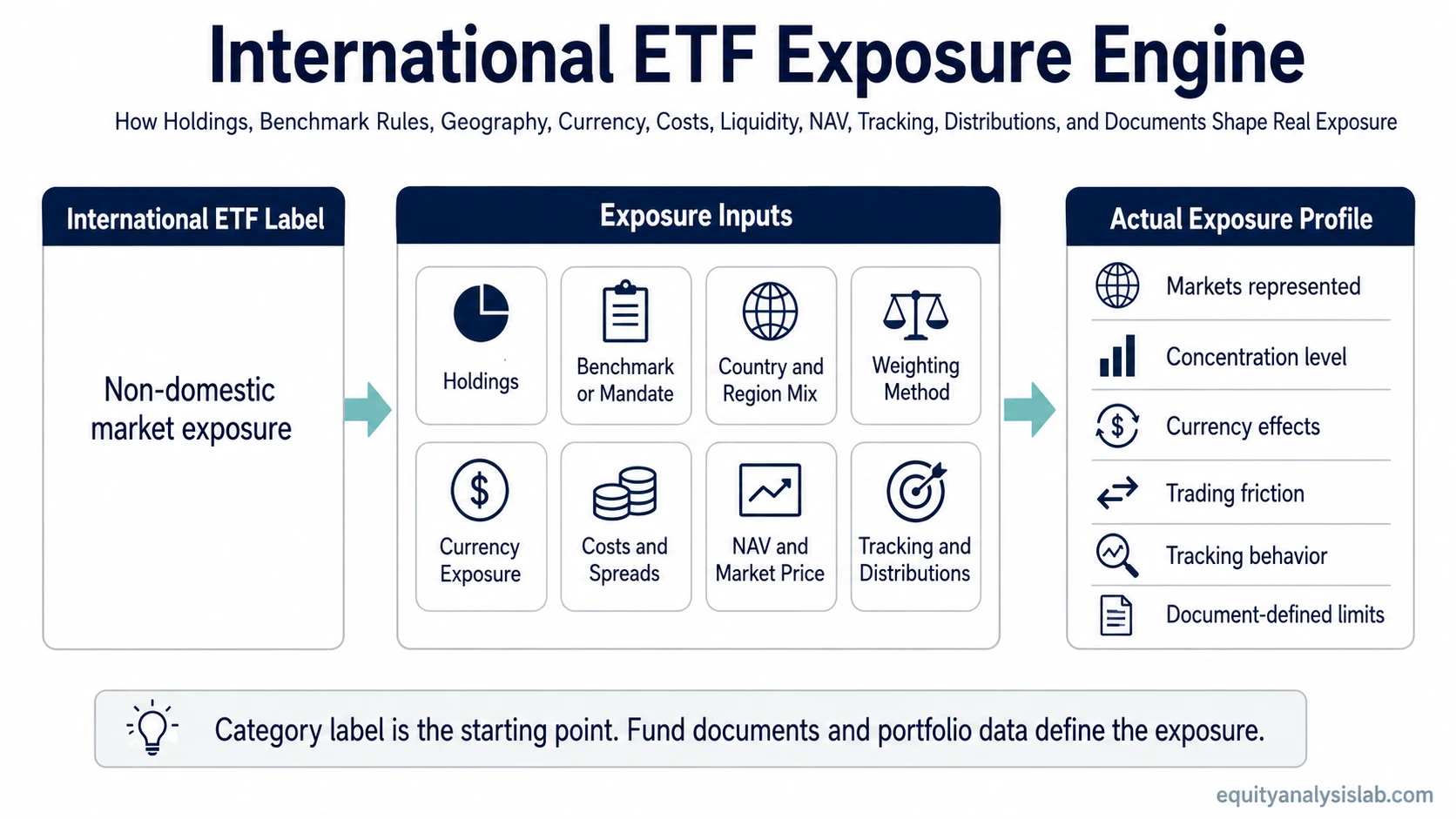 International ETF exposure engine showing how holdings, benchmark rules, geography, currency, costs, liquidity, NAV, tracking, distributions, and documents shape actual exposure.