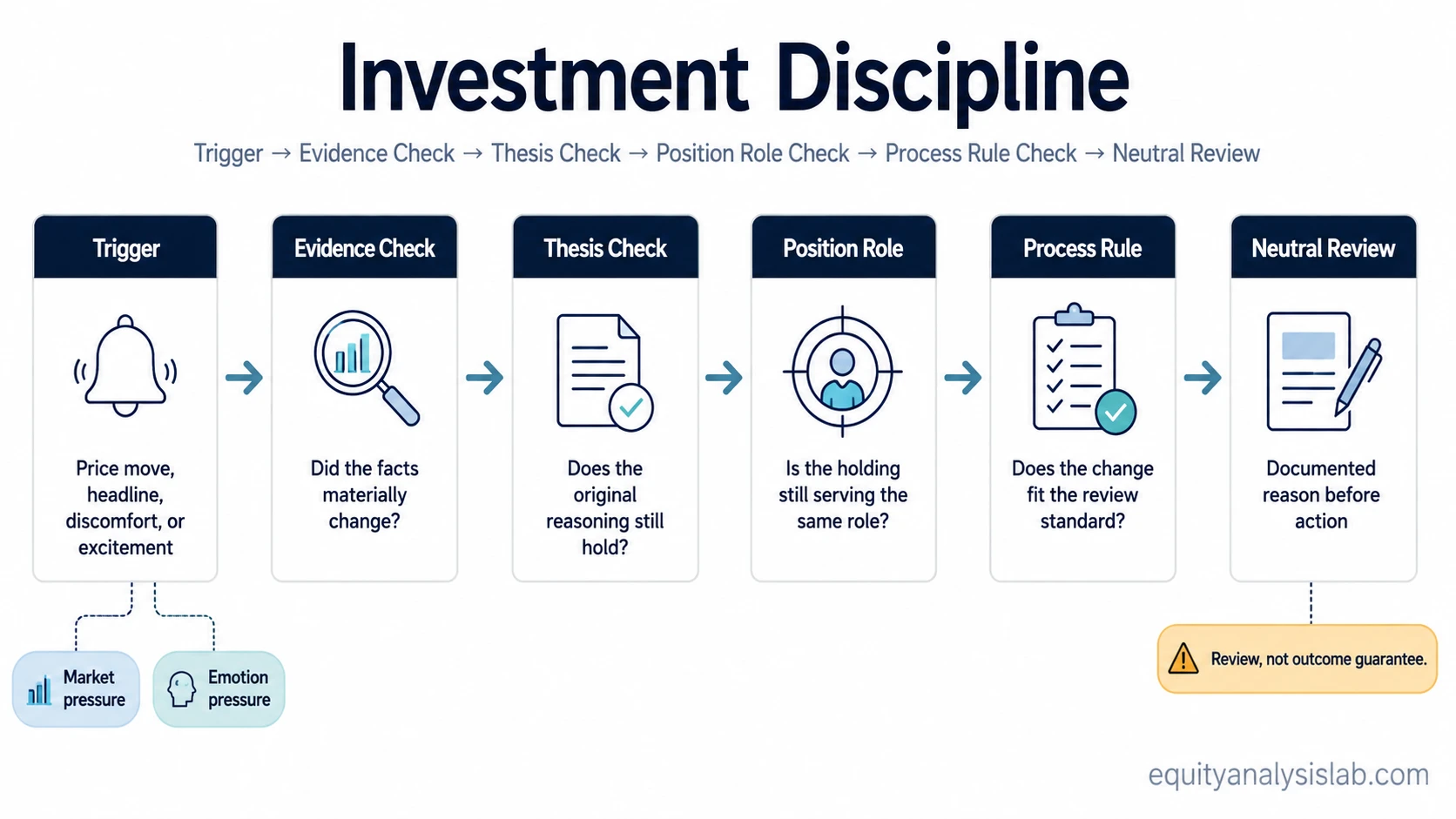 Investment discipline decision-review flow showing trigger, evidence check, thesis check, position role, process rule, and neutral review.
