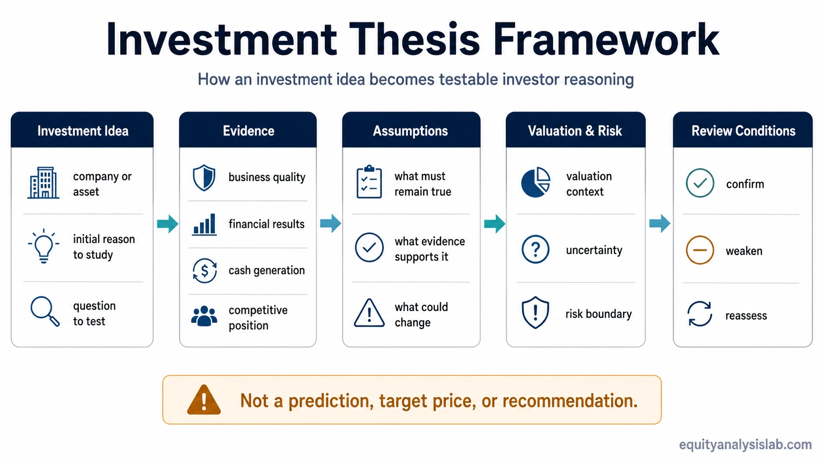 Investment thesis framework showing how an idea moves through evidence, assumptions, valuation context, risk boundaries, and review conditions.