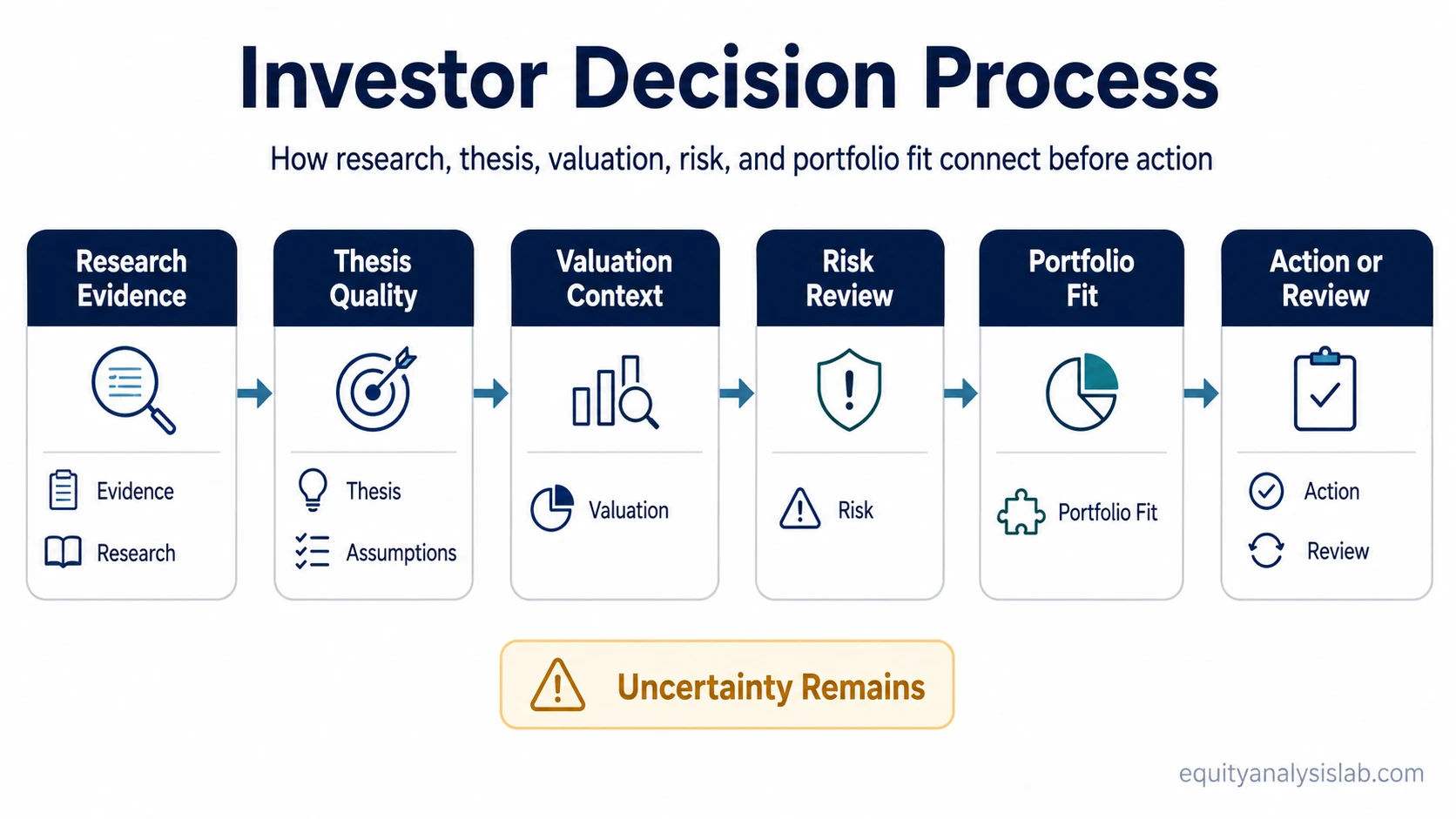 Investor decision process flow showing research evidence, thesis quality, valuation context, risk review, portfolio fit, and action or review.