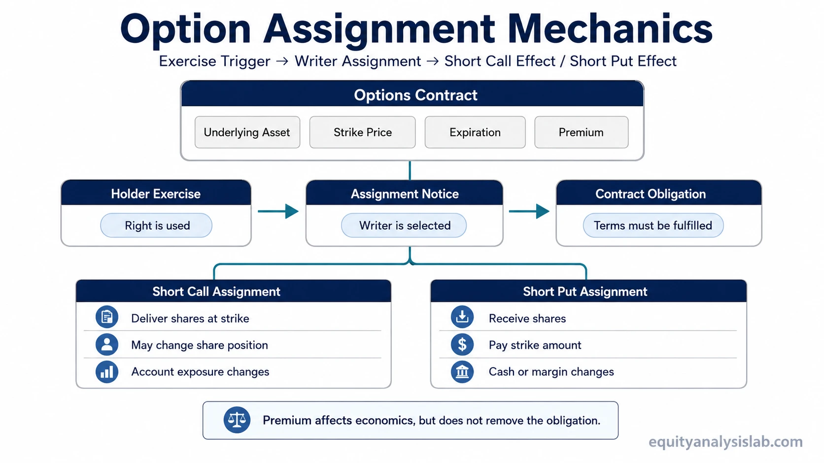 Option assignment flow showing exercise by the holder, assignment to the option writer, and different short call and short put account effects.