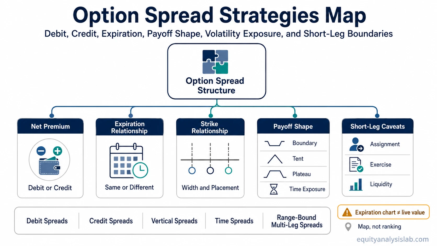 Option spread strategies map showing debit, credit, expiration, strike relationship, payoff shape, and short-leg caveat categories.