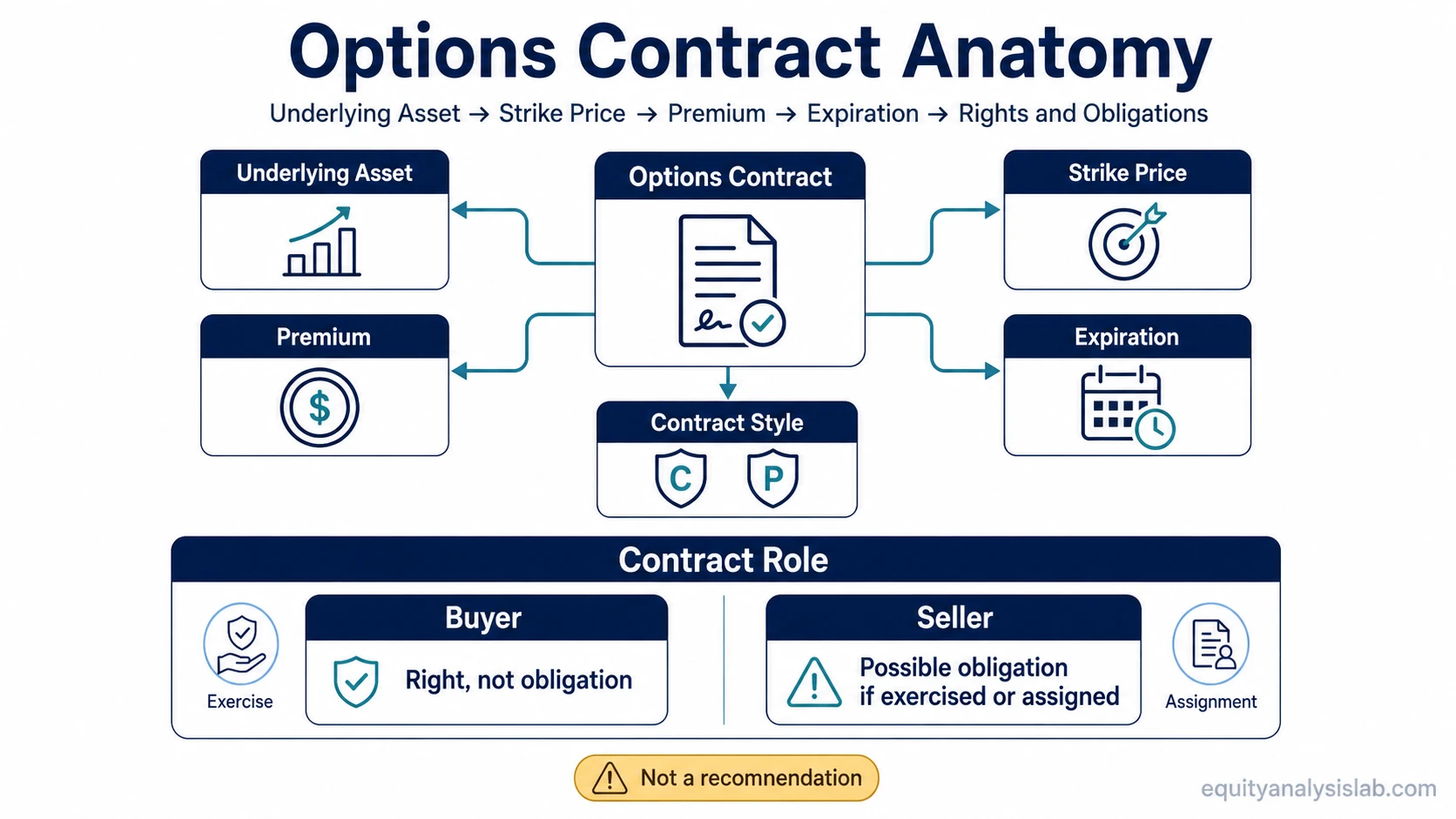 Options contract anatomy showing underlying asset, strike price, premium, expiration, buyer right and seller obligation.