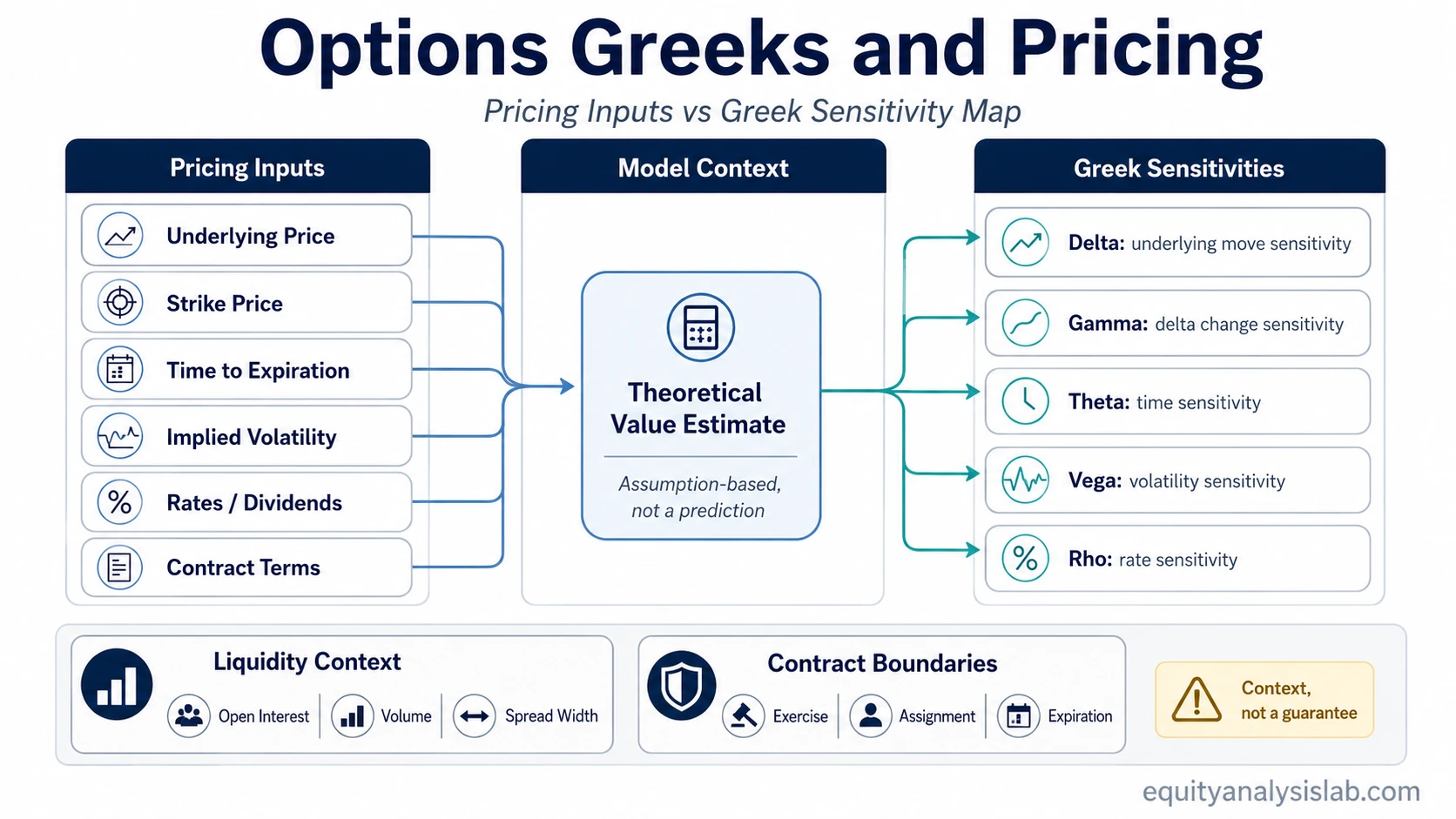 Options Greeks and pricing map showing pricing inputs, model context, Greek sensitivities, liquidity context, and contract boundaries.