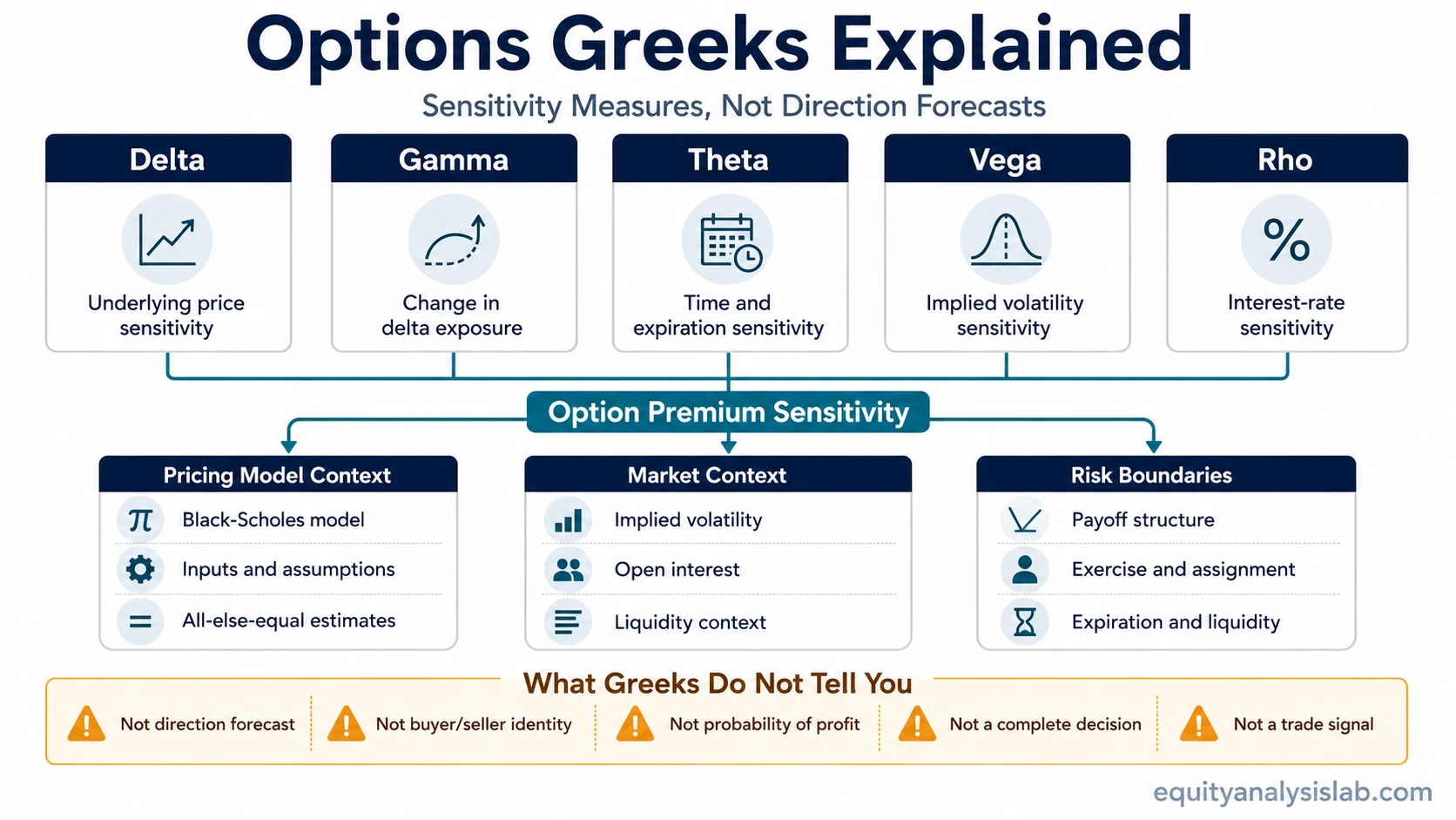 Options Greeks sensitivity map showing delta, gamma, theta, vega, and rho as option premium sensitivity measures