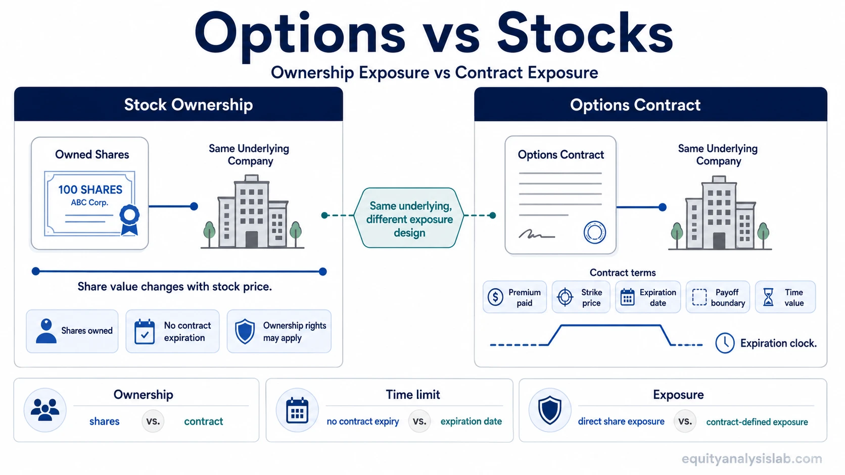 Options vs stocks comparison showing stock ownership exposure beside options contract exposure with premium, strike, expiration, and payoff boundary.