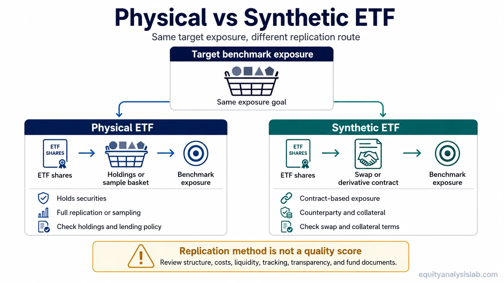 Physical vs synthetic ETF diagram showing the same target exposure split into a holdings or sampling route and a swap or derivative route.