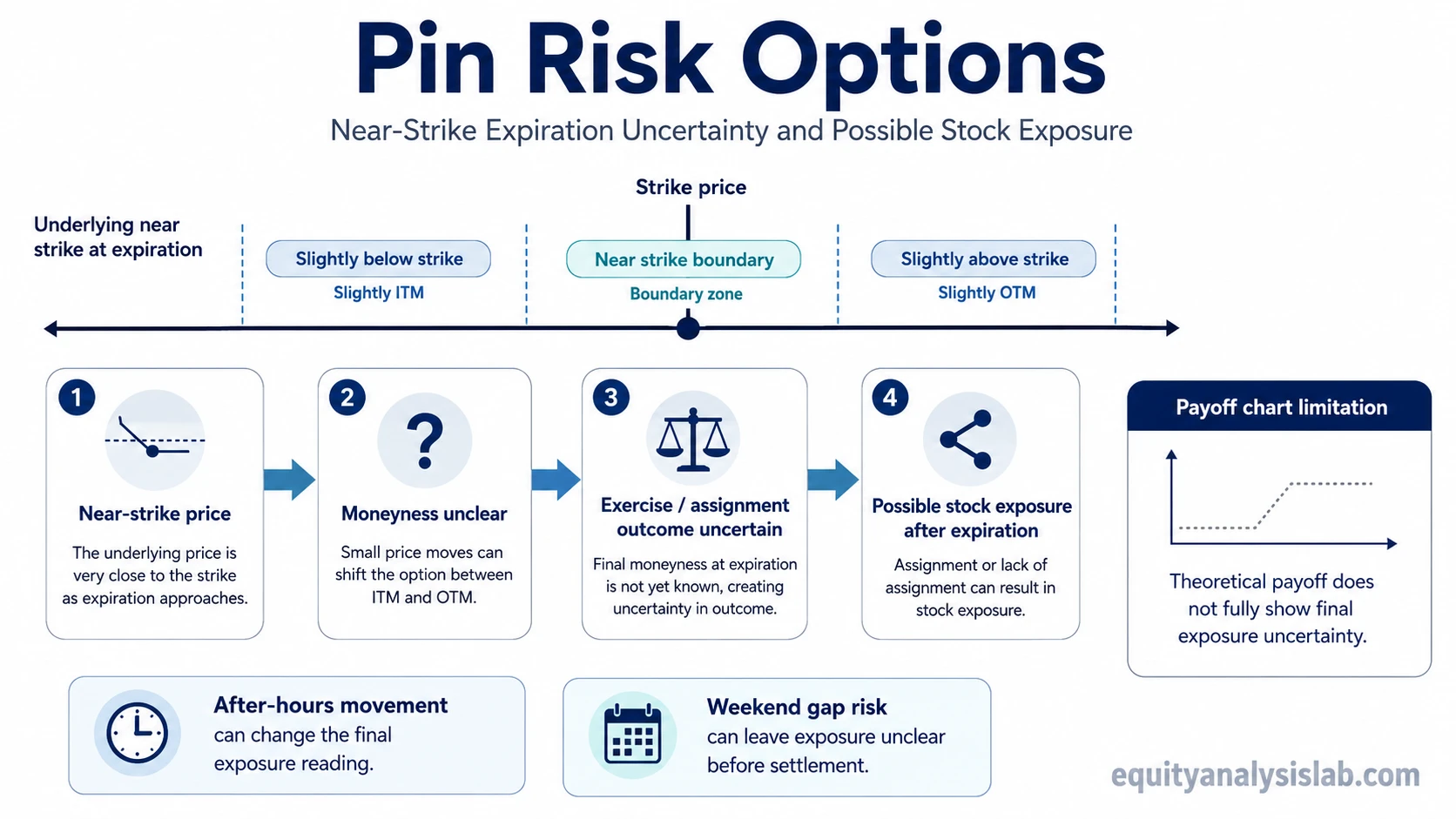 Pin risk options boundary map showing near-strike expiration uncertainty, exercise and assignment ambiguity, possible stock exposure, and payoff chart limitations.