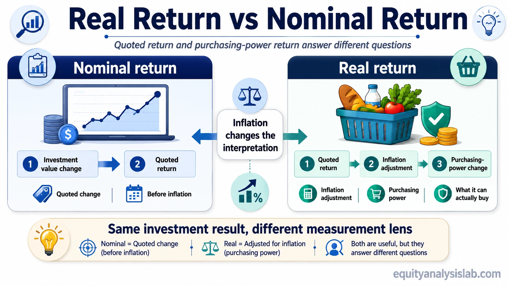 Side-by-side infographic comparing nominal return as quoted investment change with real return as inflation-adjusted purchasing-power change.