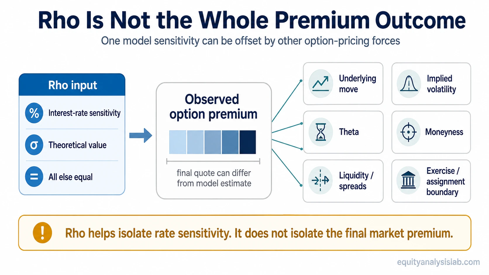 Rho option infographic showing how underlying movement, implied volatility, theta, moneyness, liquidity, spreads, and exercise boundaries can affect observed premium.