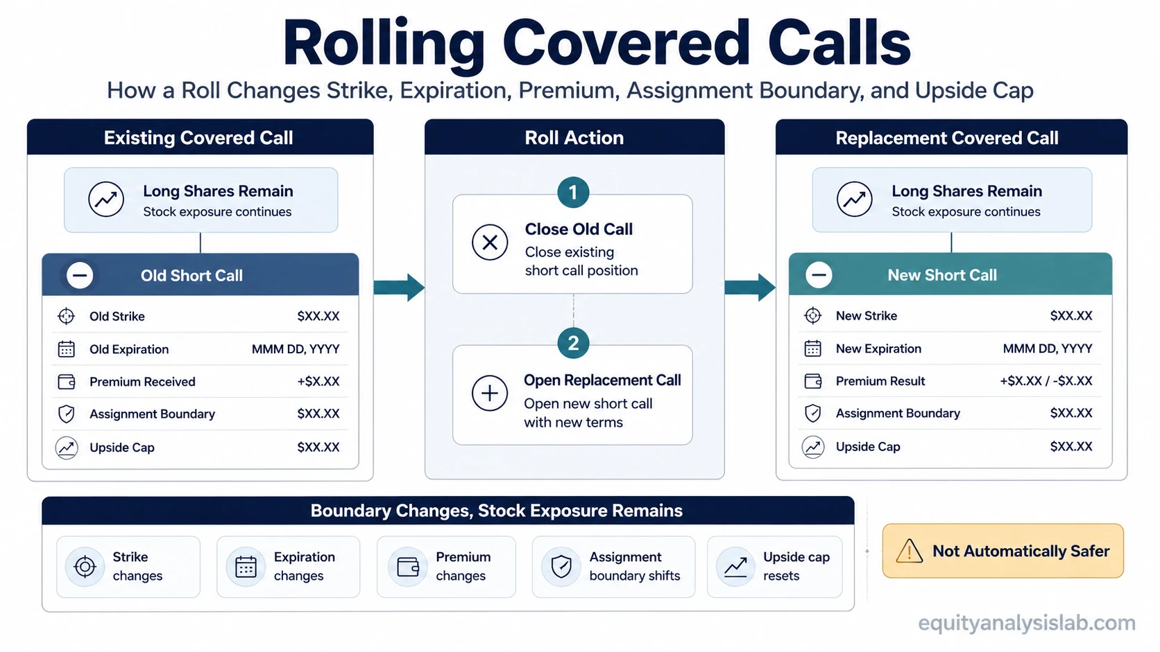 Rolling covered calls risk-boundary map showing old short call closure, replacement short call, new strike, expiration, premium, assignment boundary, and upside cap.
