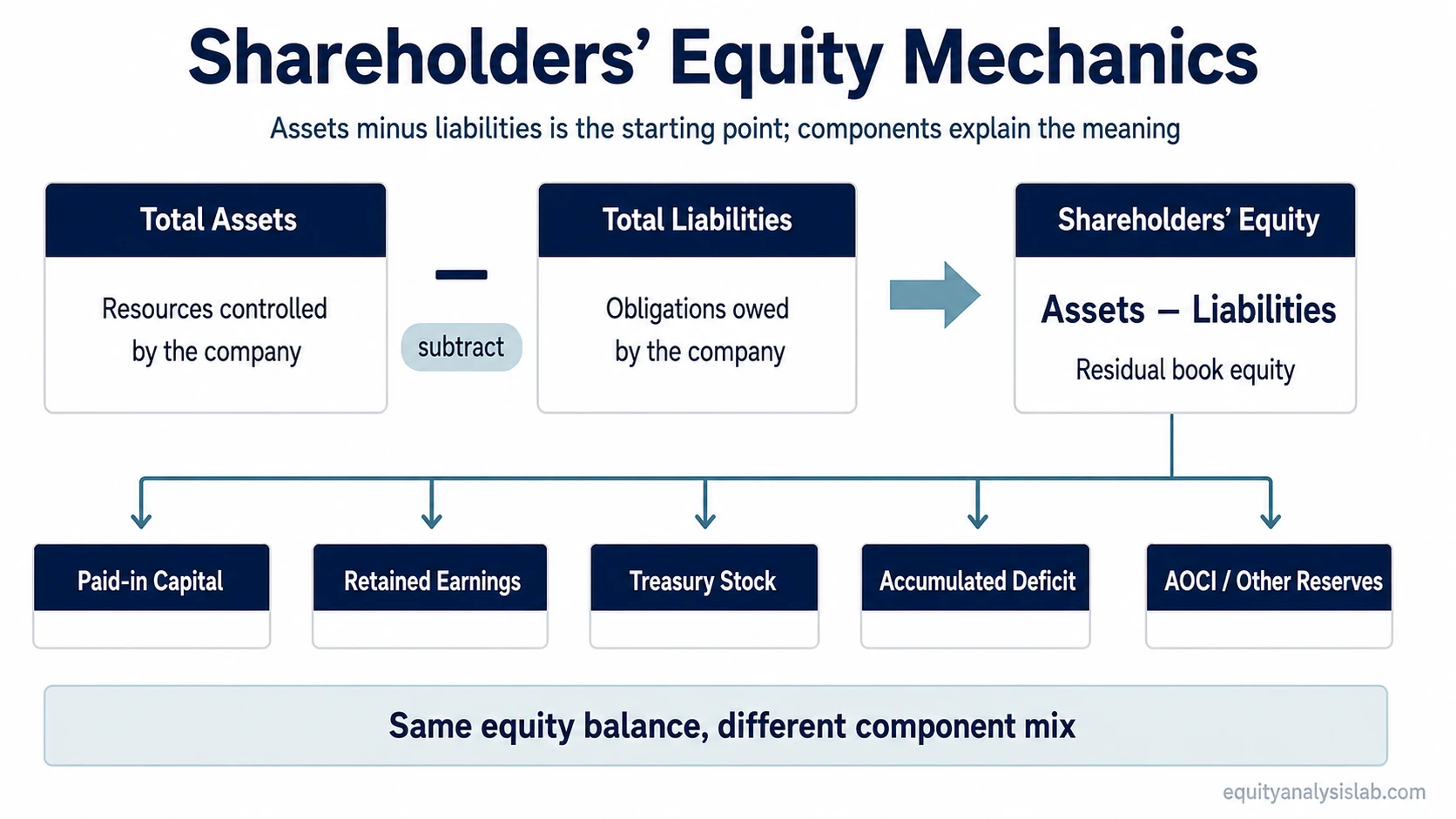 Diagram showing shareholders’ equity as assets minus liabilities, with components such as retained earnings, paid-in capital, treasury stock, accumulated deficit, and AOCI.