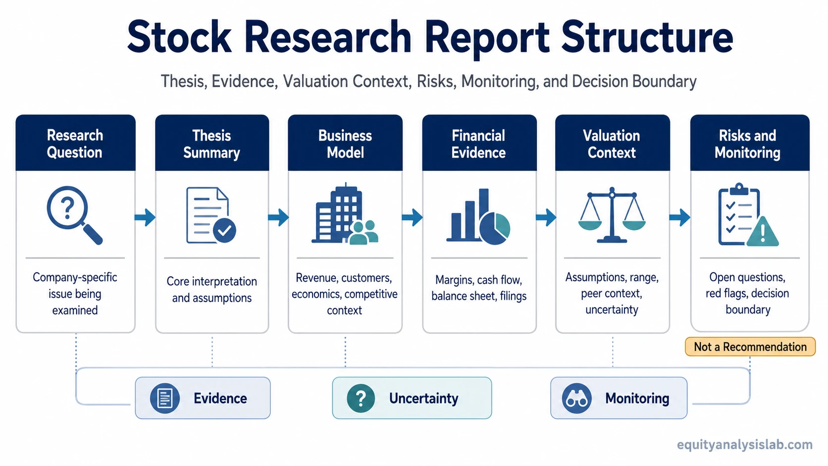 Stock research report template structure map showing thesis, business model, financial evidence, valuation context, risks, monitoring, and decision boundary.