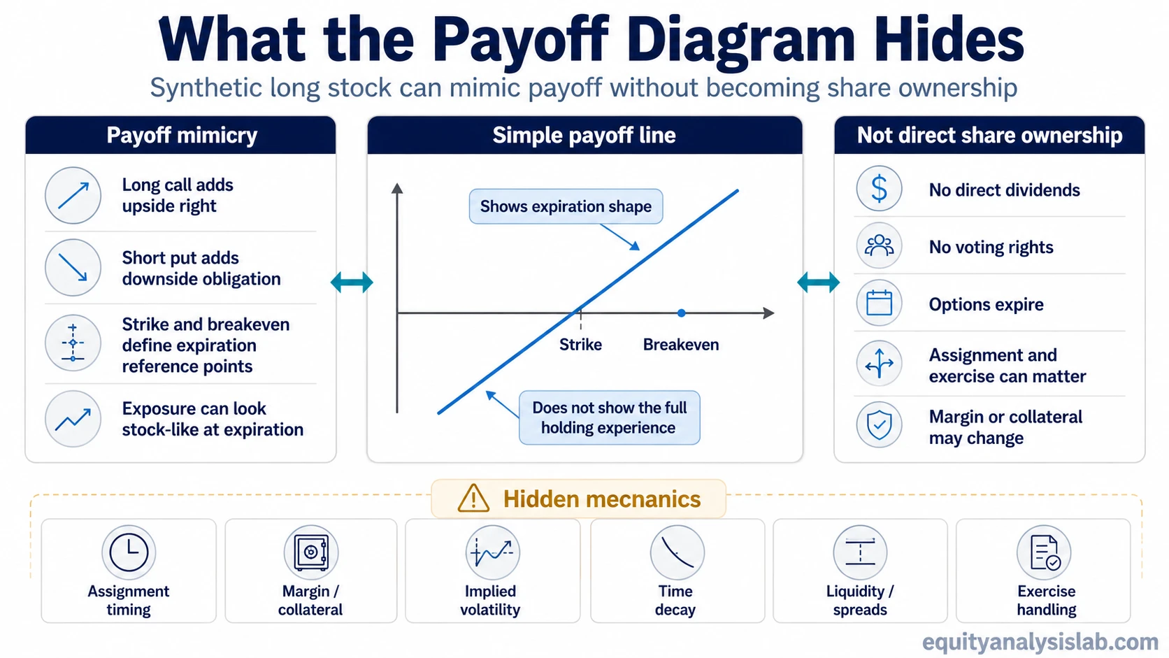 Synthetic long stock hidden risks infographic showing that a payoff diagram may not show margin, assignment timing, implied volatility, time decay, liquidity, exercise handling, or shareholder rights limits