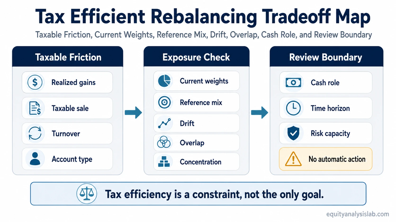 Tax efficient rebalancing tradeoff map showing taxable friction, portfolio weights, drift, overlap, concentration, cash role, and review boundary
