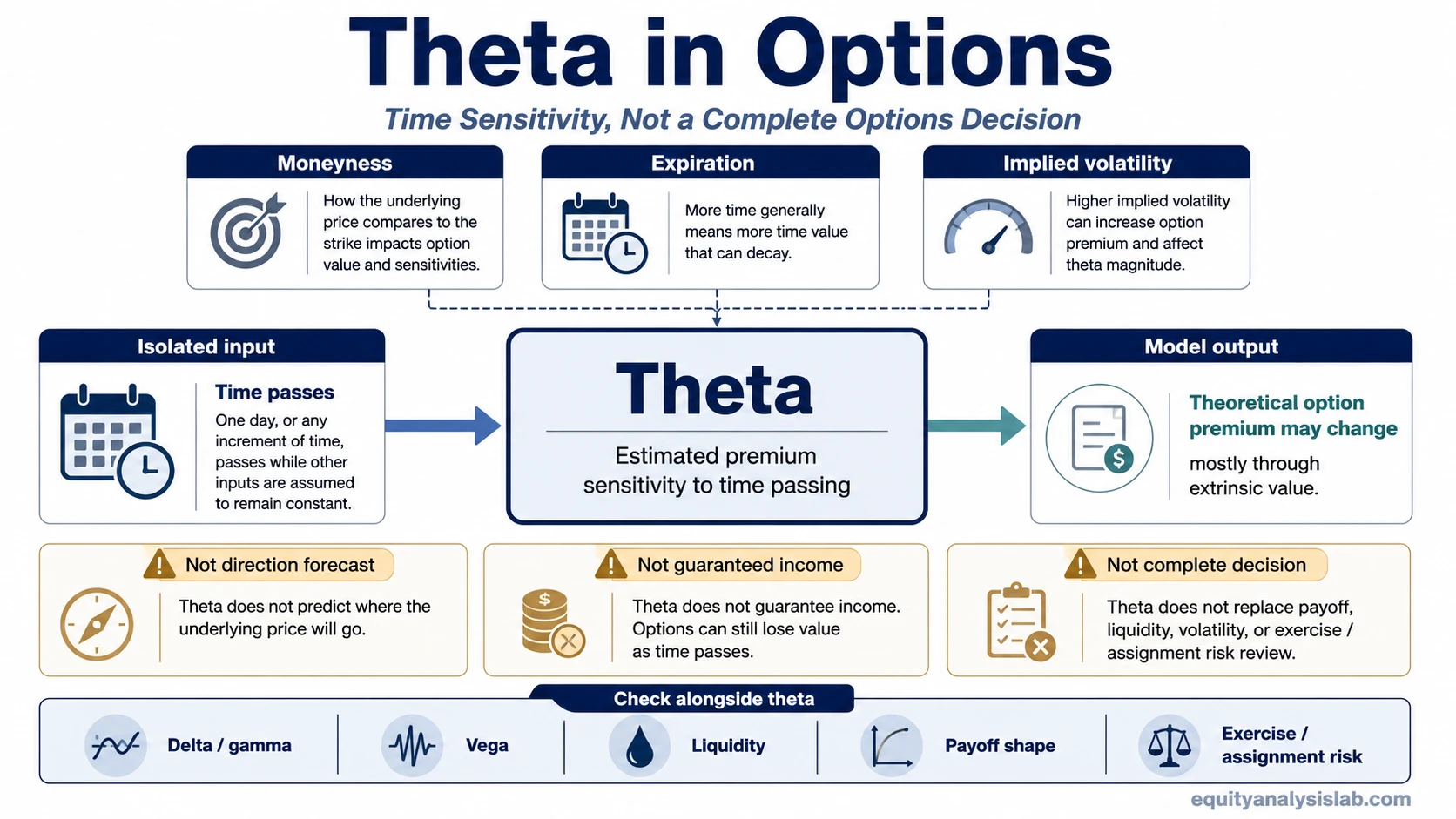 Theta option infographic showing time sensitivity, option premium context, and limits of theta interpretation.